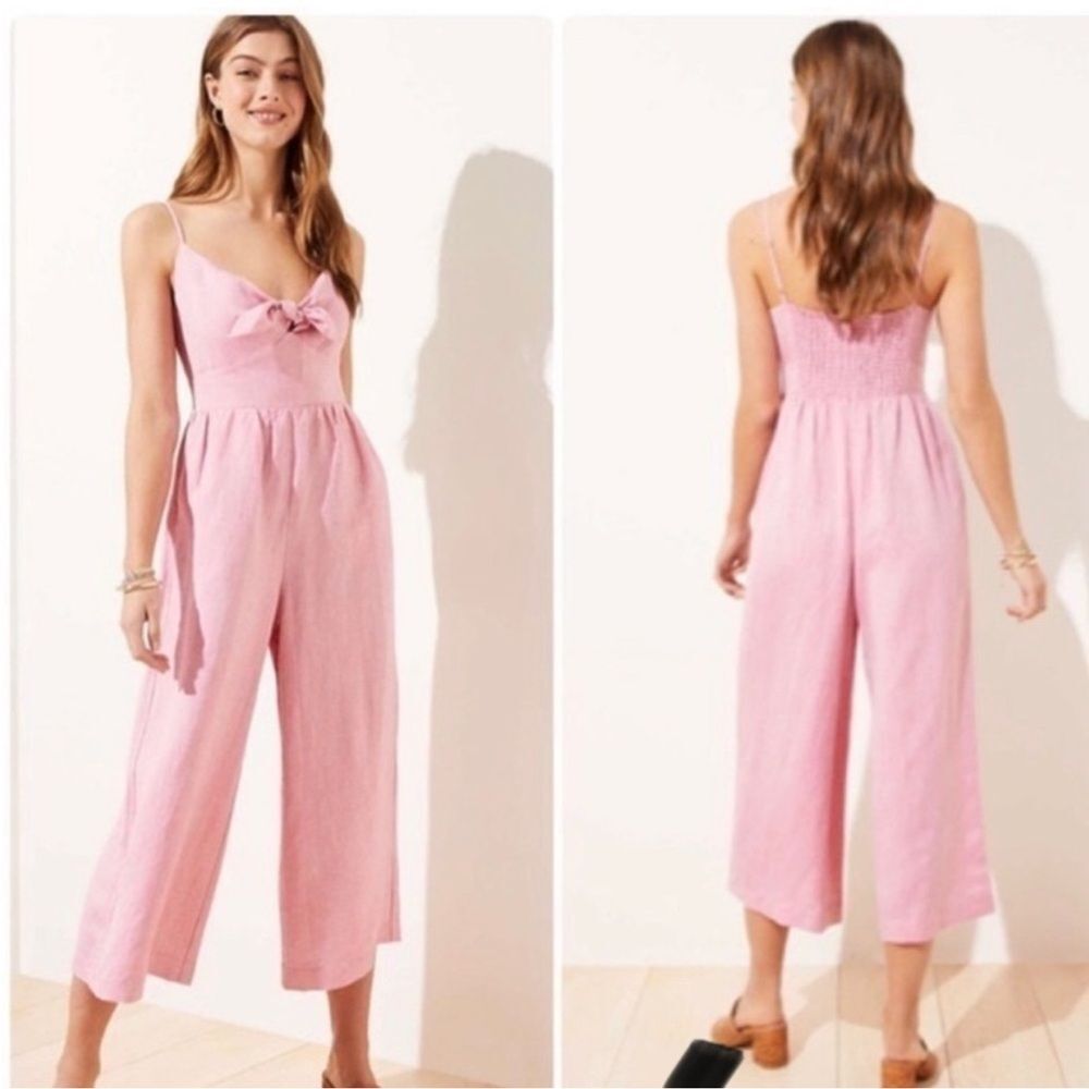 LOFT Linen Blend Tie Front Pink Jumpsuit size 12. - Picture 3 of 12